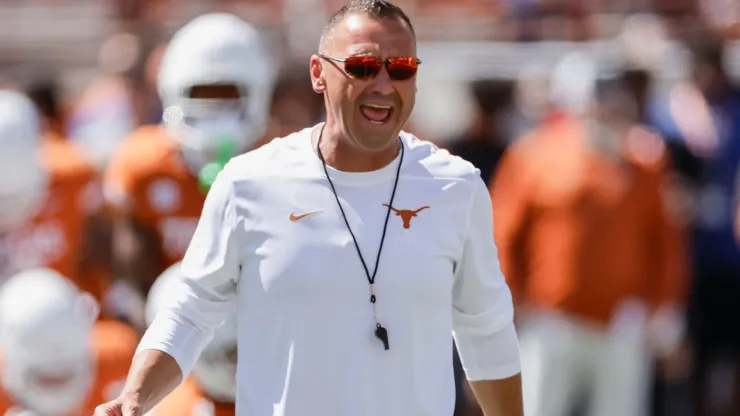 Head coach Steve Sarkisian of the Texas Longhorns watches players warm up before the game against the Mississippi State Bulldogs at Darrell K Royal-Texas Memorial Stadium on September 28, 2024 in Austin, Texas.
