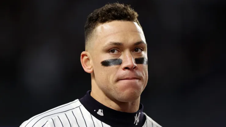 Aaron Judge #99 of the New York Yankees looks on in the seventh inning against the Cleveland Guardians during Game Two of the American League Championship Series at Yankee Stadium on October 15, 2024 in New York City. 
