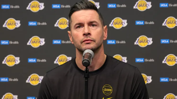 Head coach JJ Redick of the Los Angeles Lakers attends a news conference before a preseason game against the Golden State Warriors at T-Mobile Arena at T-Mobile Arena on October 15, 2024 in Las Vegas, Nevada. 
