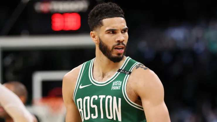 Jayson Tatum #0 of the Boston Celtics celebrates after a play against the Dallas Mavericks during the fourth quarter of Game Five of the 2024 NBA Finals at TD Garden on June 17, 2024 in Boston, Massachusetts. 
