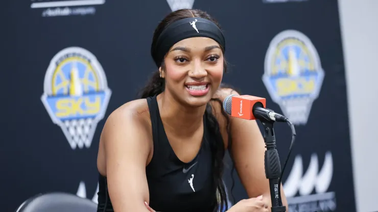  Angel Reese #5 of the Chicago Sky talks to the media before the game against the Indiana Fever
