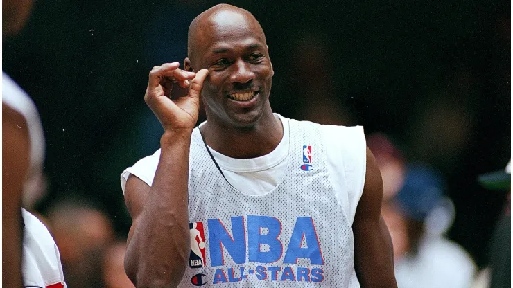 Michael Jordan #23 of the Chicago Bulls smiles on the court during the NBA All-Star Practice at the Gund Arena in Cleveland, Ohio.The East defeated the West 132-120 .
