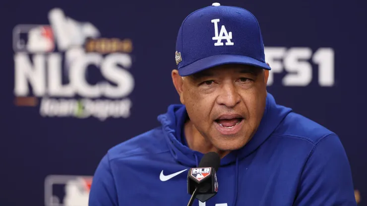 Dave Roberts #30 of the Los Angeles Dodgers speaks to the media prior to Game Four of the National League Championship Series against the New York Mets at Citi Field on October 17, 2024 in New York City.
