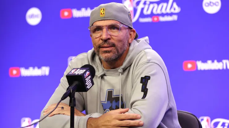 Dallas Mavericks head coach Jason Kidd talks with media prior to Game Four of the 2024 NBA Finals against the Boston Celtics at American Airlines Center on June 14, 2024 in Dallas, Texas. 
