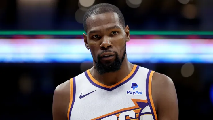 Kevin Durant #35 of the Phoenix Suns stands on the court during their game against the Sacramento Kings
