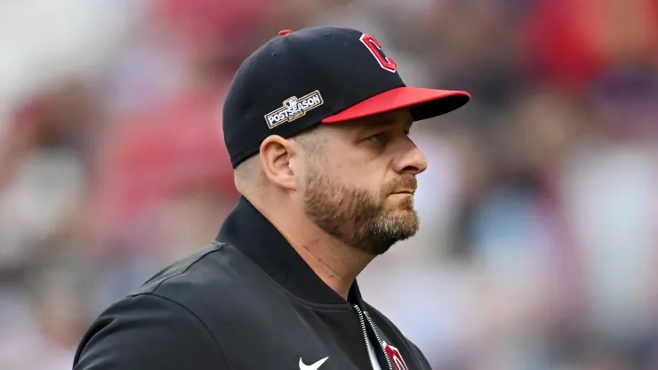 Manager Stephen Vogt of the Cleveland Guardians walks across the field to make a pitching change in the fifth inning against the Detroit Tigers during Game Two of the Division Series at Progressive Field on October 07, 2024 in Cleveland, Ohio.
