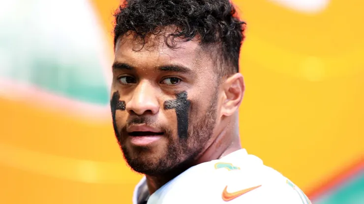 Tua Tagovailoa #1 of the Miami Dolphins looks on prior to a game against the Jacksonville Jaguars at Hard Rock Stadium on September 08, 2024 in Miami Gardens, Florida.
