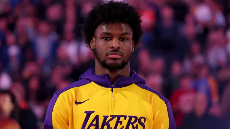 Bronny James #9 of the Los Angeles Lakers stands for the national anthem before their preseason game against the Golden State Warriors at Chase Center on October 18, 2024 in San Francisco, California. 
