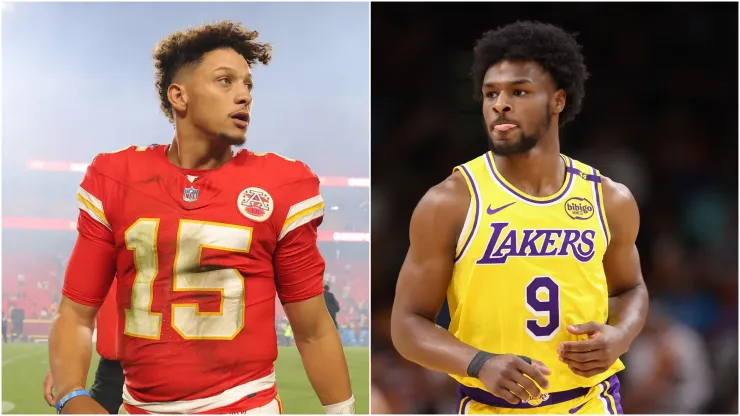 Patrick Mahomes #15 of the Kansas City Chiefs reacts after a 26-13 victory against the New Orleans Saints at GEHA Field at Arrowhead Stadium on October 07, 2024 in Kansas City, Missouri.  - Bronny James #9 of the Los Angeles Lakers reacts during the second half of the preseason NBA game against the Phoenix Suns at Footprint Center on October 17, 2024 in Phoenix, Arizona. 
