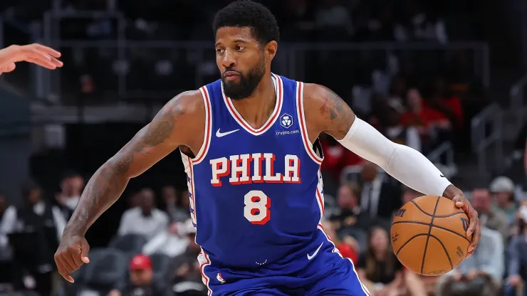 Paul George #8 of the Philadelphia 76ers drives against the Atlanta Hawks during the first quarter at State Farm Arena
