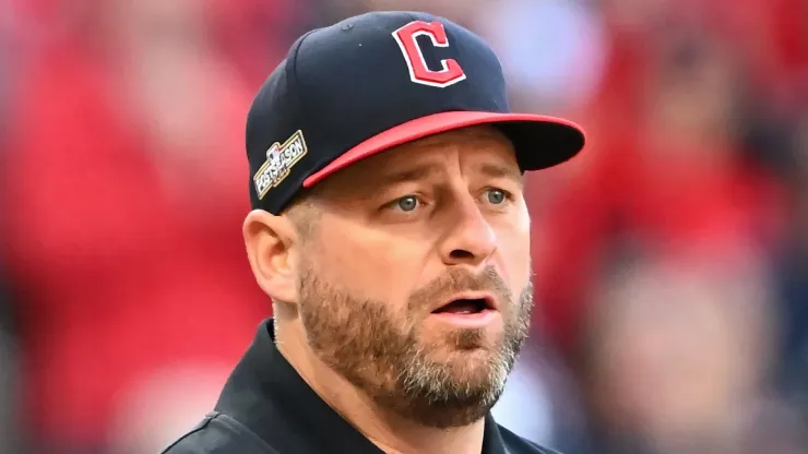 Manager Stephen Vogt of the Cleveland Guardians relieves Cade Smith #36 in the seventh inning against the Detroit Tigers during Game Two of the Division Series at Progressive Field on October 07, 2024 in Cleveland, Ohio.
