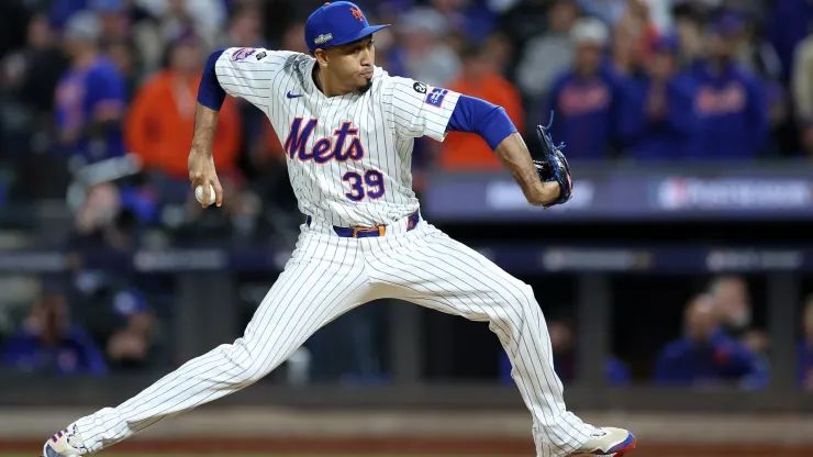 Edwin Diaz #39 of the New York Mets throws a pitch in the ninth inning against the Los Angeles Dodgers during Game Five of the National League Championship Series at Citi Field on October 18, 2024 in New York City.
