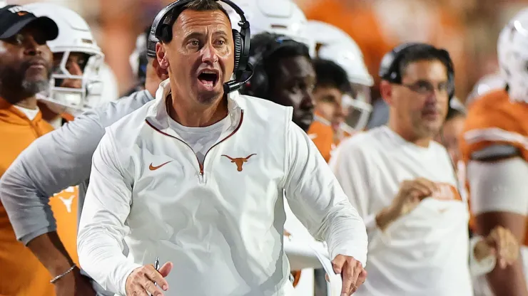 Head coach Steve Sarkisian of the Texas Longhorns reacts during the second quarter against the Georgia Bulldogs at Darrell K Royal-Texas Memorial Stadium on October 19, 2024 in Austin, Texas.
