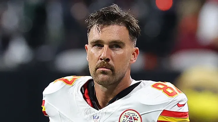 Travis Kelce #87 of the Kansas City Chiefs looks on prior to kickoff against the Atlanta Falcons at Mercedes-Benz Stadium on September 22, 2024 in Atlanta, Georgia.
