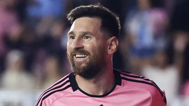 Lionel Messi #10 of Inter Miami celebrates scoring his third goal during the second half against the New England Revolution at Chase Stadium on October 19, 2024 in Fort Lauderdale, Florida.
