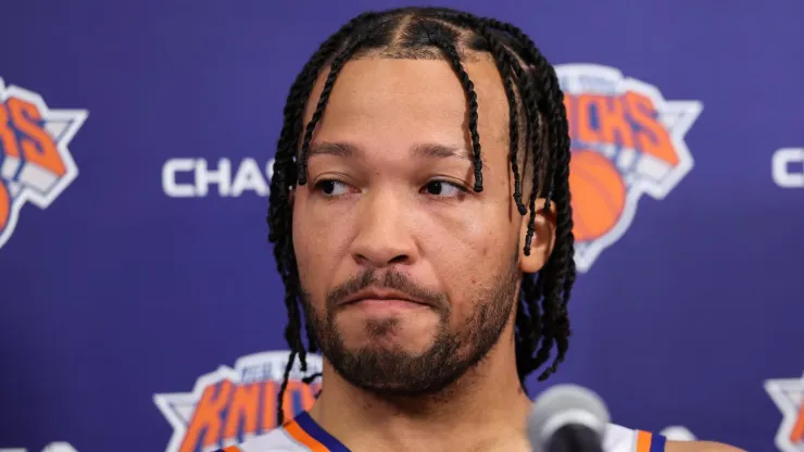 Jalen Brunson #11 of the New York Knicks speaks at a press conference during media day at Knicks Training Facility on September 30, 2024 in Tarrytown, New York.
