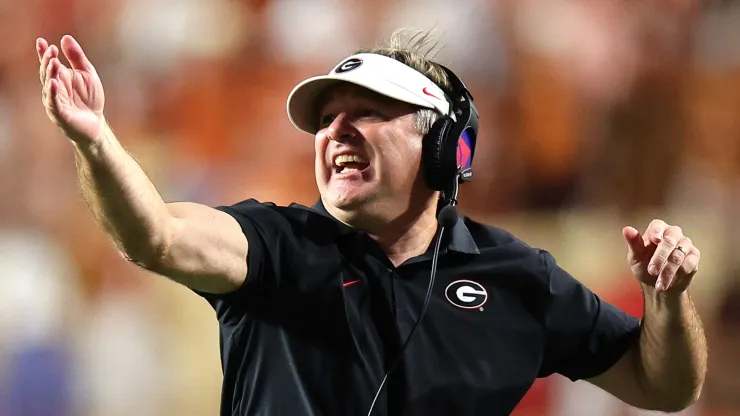 Head coach Kirby Smart of the Georgia Bulldogs reacts during the third quarter against the Texas Longhorns at Darrell K Royal-Texas Memorial Stadium on October 19, 2024 in Austin, Texas.
