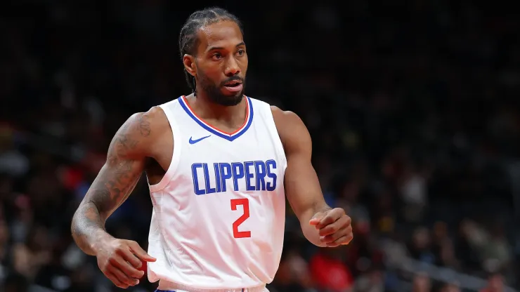 Kawhi Leonard #2 of the LA Clippers reacts after hitting a three-point basket against the Atlanta Hawks
