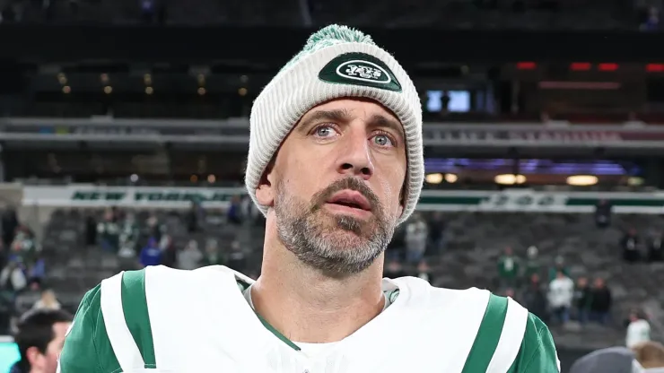 Aaron Rodgers #8 of the New York Jets walks on the field after the game against the Buffalo Bills at MetLife Stadium on October 14, 2024 in East Rutherford, New Jersey.
