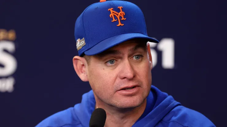 Manager Carlos Mendoza of the New York Mets speaks to the media during a press conference before Game Five of the Championship Series against the Los Angeles Dodgers at Citi Field on October 18, 2024 in the Queens borough of New York City.
