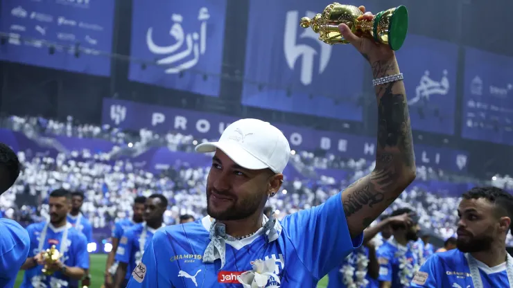 Neymar of Al Hilal celebrates during the Saudi Pro League Trophy presentation at Kingdom Arena on May 24, 2024 in Riyadh, Saudi Arabia. (Photo by Yasser Bakhsh/Getty Images)
