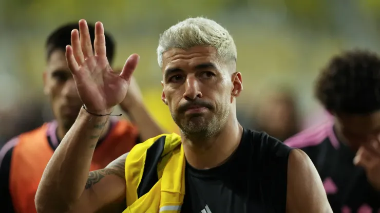 Luis Suarez #9 of Inter Miami CF waves to fans as he walks off the pitch after the game against the Columbus Crew 
