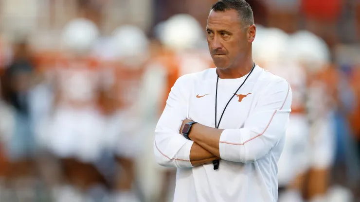 Head coach Steve Sarkisian of the Texas Longhorns watches players warm up before the game against the Louisiana Monroe Warhawks at Darrell K Royal-Texas Memorial Stadium on September 21, 2024 in Austin, Texas.
