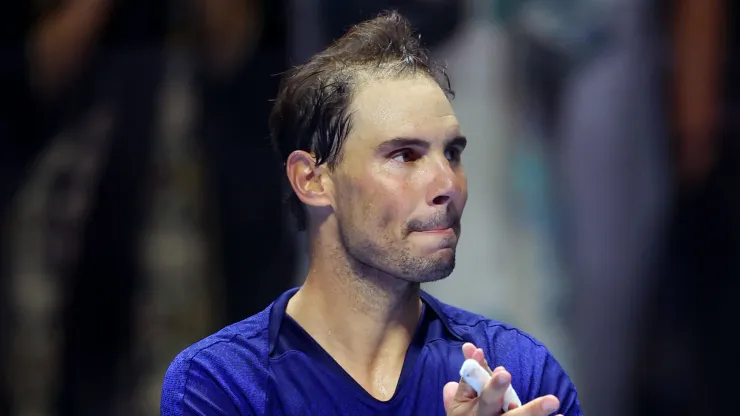 Rafael Nadal of Spain acknowledges the crowd after being beaten by Novak Djokovic of Serbia in the Men's Singles Third Place Playoff match on day three of the Six Kings Slam 2024
