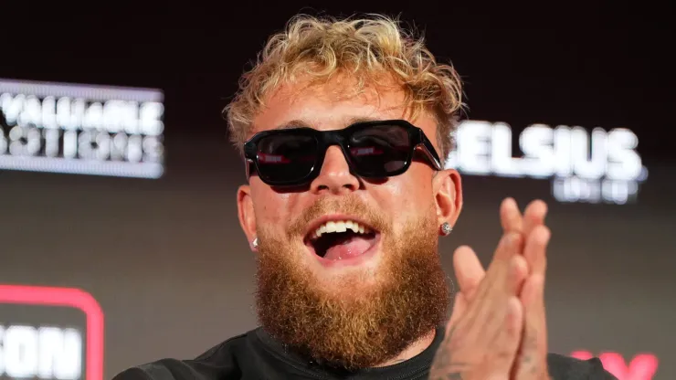 Jake Paul speaks onstage during the Jake Paul vs. Mike Tyson Boxing match Arlington press conference at Texas Live! on May 16, 2024 in Arlington, Texas.
