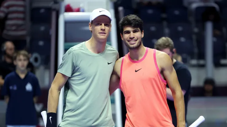 Jannik Sinner and Carlos Alcaraz pose for a photo together ahead of their Men's Singles Final match on day three of the Six Kings Slam 2024 
