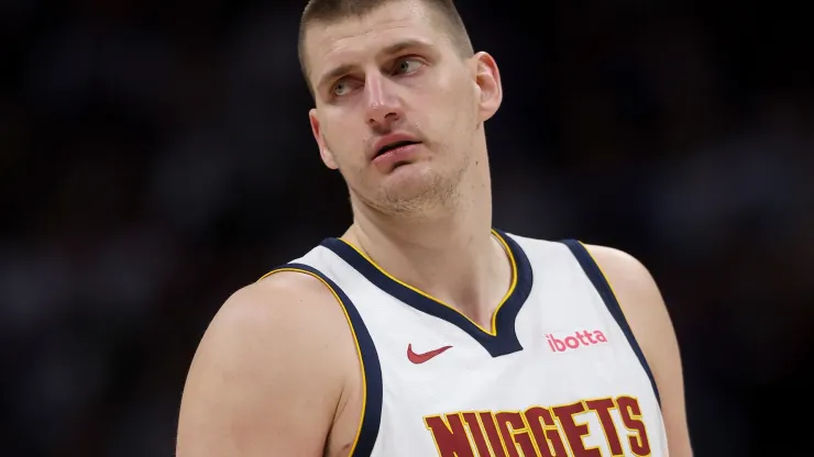 Nikola Jokic #15 of the Denver Nuggets plays the New York Knicks during the fourth quarter at Ball Arena on March 21, 2024 in Denver, Colorado.
