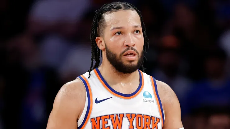 Jalen Brunson #11 of the New York Knicks looks on against the Indiana Pacers during Game One of the Eastern Conference Second Round Playoffs
