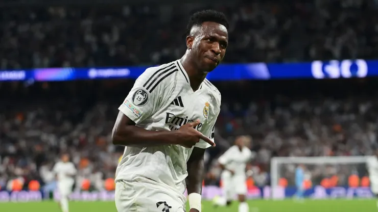 Vinicius Jr. of Real Madrid celebrates scoring his team's fifth goal during the UEFA Champions League 2024/25 League
