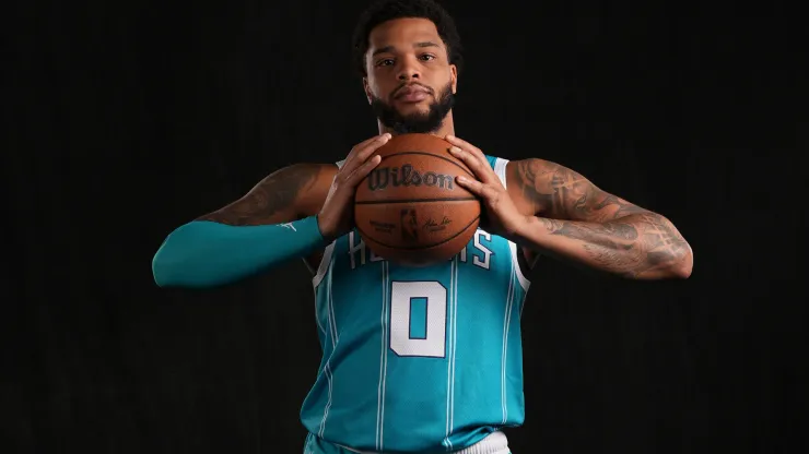 Miles Bridges #0 of the Charlotte Hornets poses for a portrait during Charlotte Hornets Media Day at Spectrum Center on September 30, 2024 in Charlotte, North Carolina.
