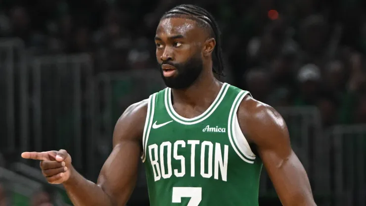 Jaylen Brown #7 of the Boston Celtics reacts during the fourth quarter against the New York Knicks at TD Garden on October 22, 2024 in Boston, Massachusetts. 
