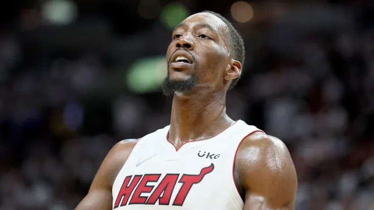 Bam Adebayo #13 of the Miami Heat reacts against the Boston Celtics 
