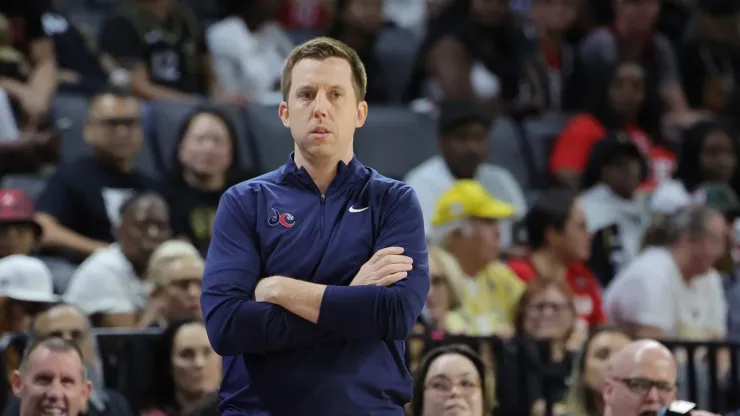 Head coach Eric Thibault of the Washington Mystics looks on in the first quarter of a game against the Las Vegas Aces 
