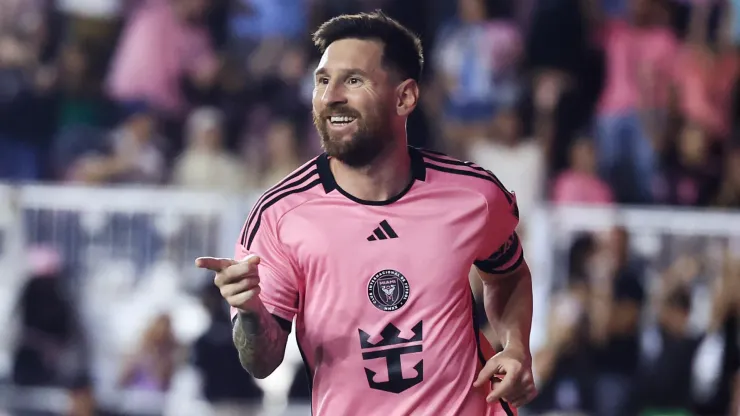 Lionel Messi #10 of Inter Miami celebrates scoring his third goal during the second half against the New England Revolution
