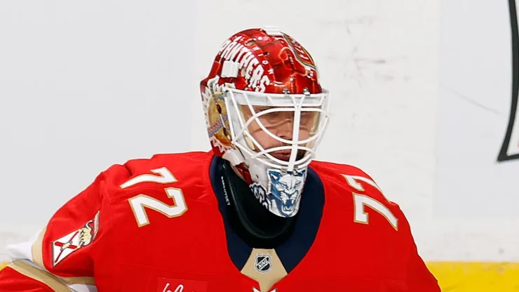 Goaltender Sergei Bobrovsky #72 of the Florida Panthers warms up prior to the game against the Boston Bruins at the Amerant Bank Arena on October 8, 2024 in Sunrise, Florida.
