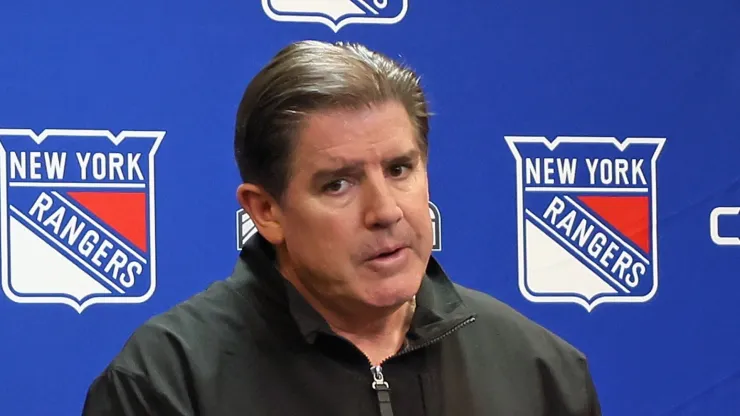 Head coach Peter Laviolette of the New York Rangers speaks with the media prior to the game against the New York Rangers at Madison Square Garden on April 13, 2024 in New York City.
