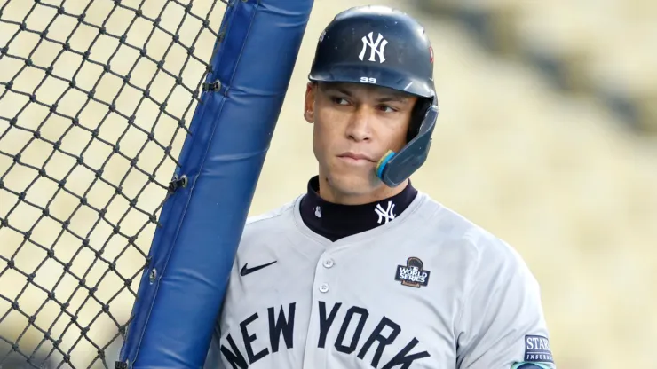 Aaron Judge #99 of the New York Yankees takes batting practice during workout day ahead of Game 1 of the 2024 World Series at Dodger Stadium on October 24, 2024 in Los Angeles, California.
