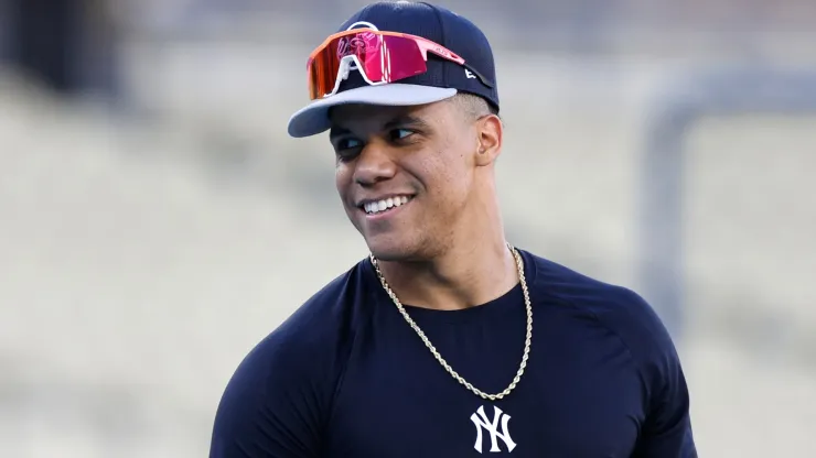 Juan Soto #22 of the New York Yankees reacts during batting practice on workout day ahead of Game 1 of the 2024 World Series at Dodger Stadium on October 24, 2024 in Los Angeles, California. 
