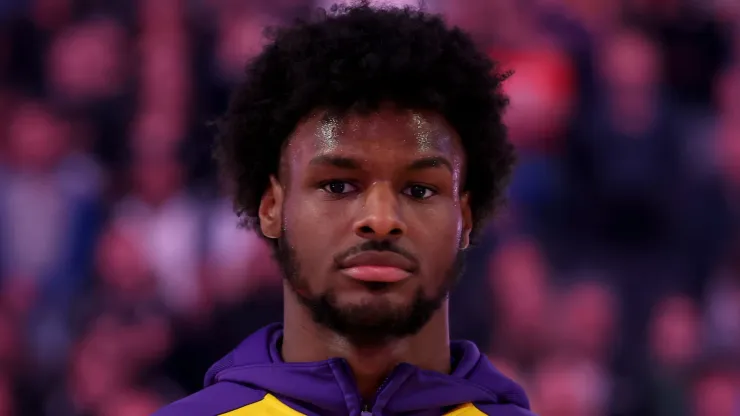 Bronny James #9 of the Los Angeles Lakers stands for the national anthem before their preseason game against the Golden State Warriors at Chase Center on October 18, 2024 in San Francisco, California. 
