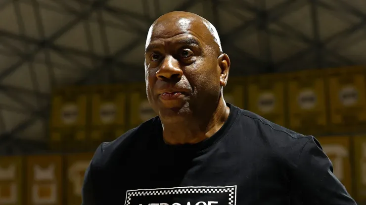 Magic Johnson attends a game between the Atlanta Dream and the Los Angeles Sparks in the first half at Walter Pyramid on May 15, 2024 in Long Beach, California.
