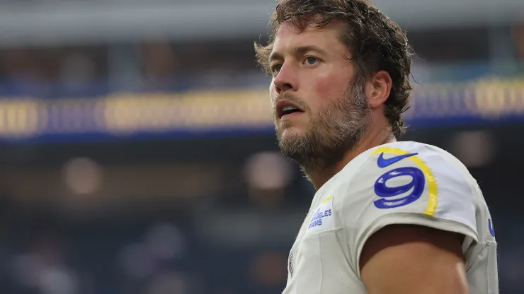 Matthew Stafford #9 of the Los Angeles Rams before a game against the Minnesota Vikings at SoFi Stadium on October 24, 2024 in Inglewood, California.
