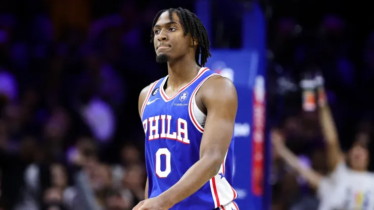 Tyrese Maxey #0 of the Philadelphia 76ers looks on during the fourth quarter against the Miami Heat
