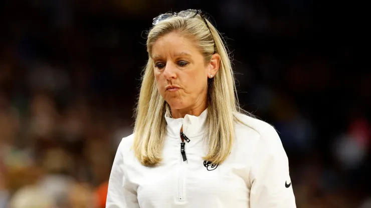  Head coach Christie Sides of the Indiana Fever looks on against the Minnesota Lynx in the first quarter at Target Center on July 14, 2024 in Minneapolis, Minnesota.
