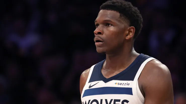 Anthony Edwards #5 of the Minnesota Timberwolves looks on during the second quarter against the Los Angeles Lakers
