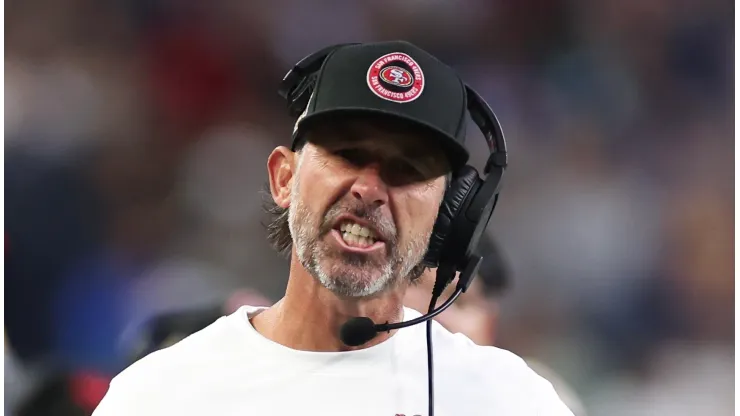 Head coach Kyle Shanahan of the San Francisco 49ers reacts during the second quarter against the Seattle Seahawks at Lumen Field on October 10, 2024 in Seattle, Washington.
