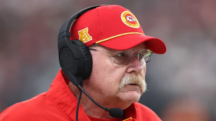 Head coach Andy Reid of the Kansas City Chiefs looks on in the first quarter of a game against the Las Vegas Raiders at Allegiant Stadium on October 27, 2024 in Las Vegas, Nevada.
